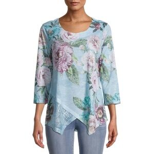 Time and Tru Women's 3/4 Sleeve Lace Hem Sublimation T-Shirt Size Large